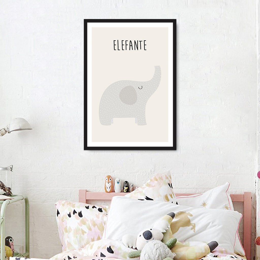Quadro Infantil Didático Elefante 100x70 Caixa Preto