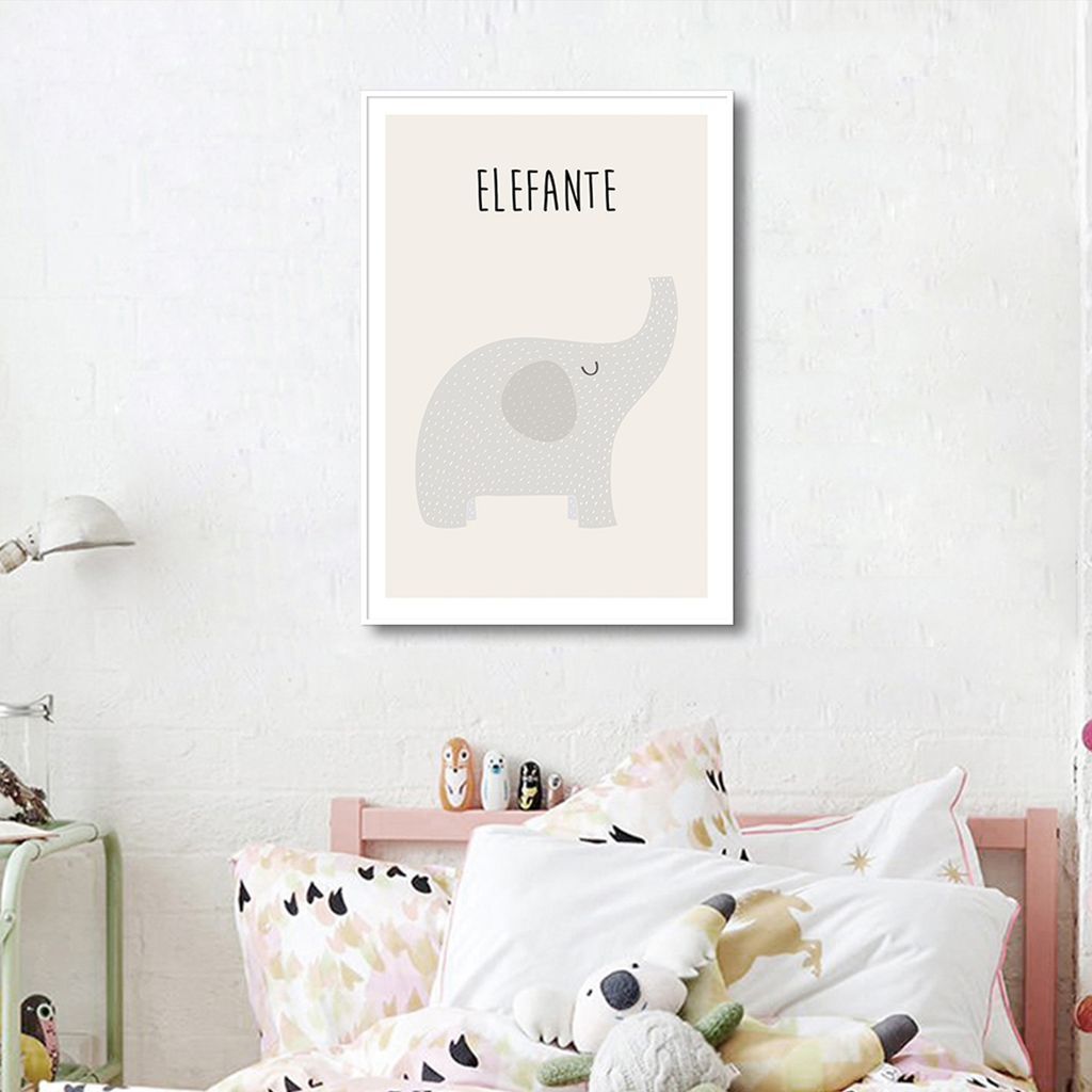 Quadro Infantil Didático Elefante 100x70 Filete Branco