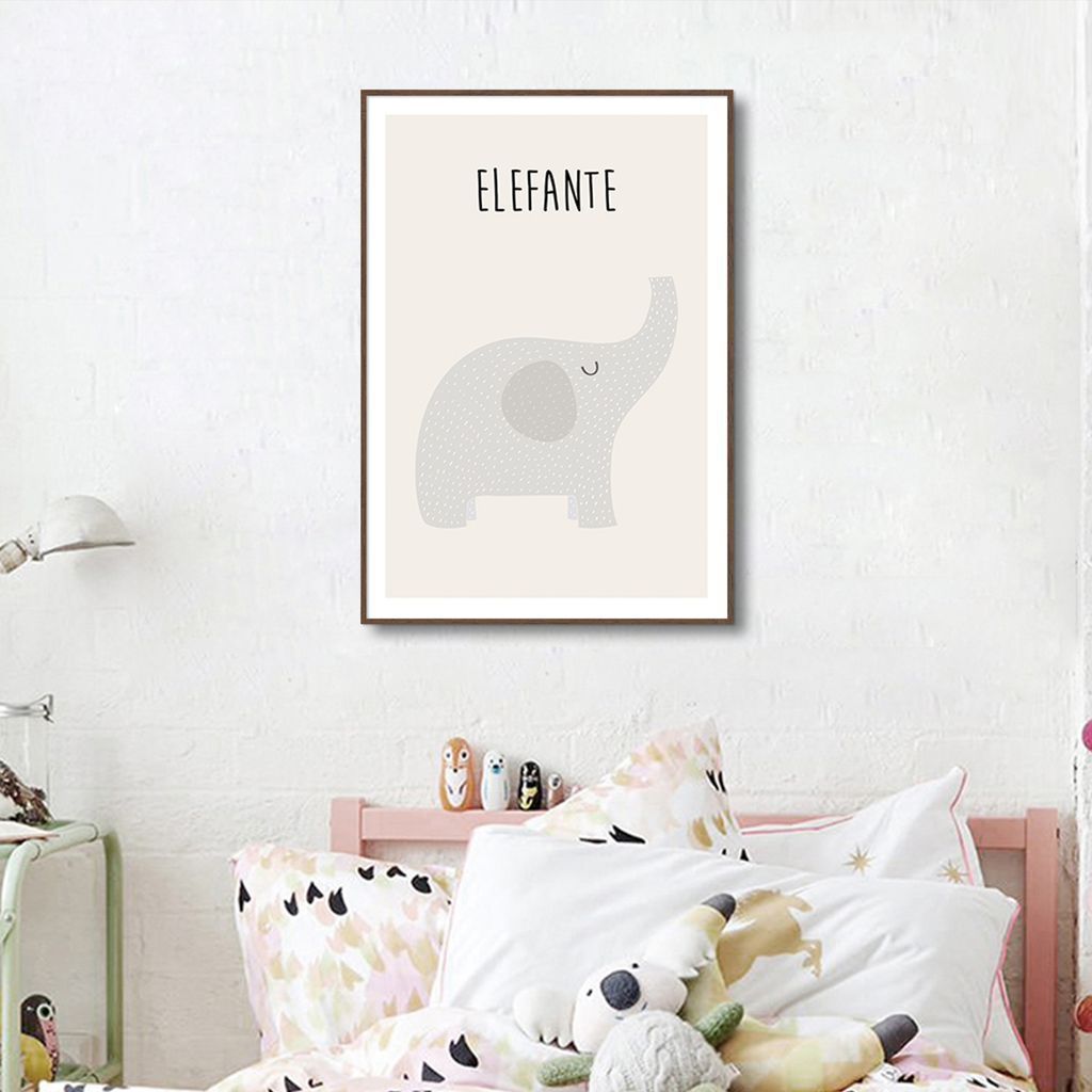 Quadro Infantil Didático Elefante 43x30 Filete Marrom