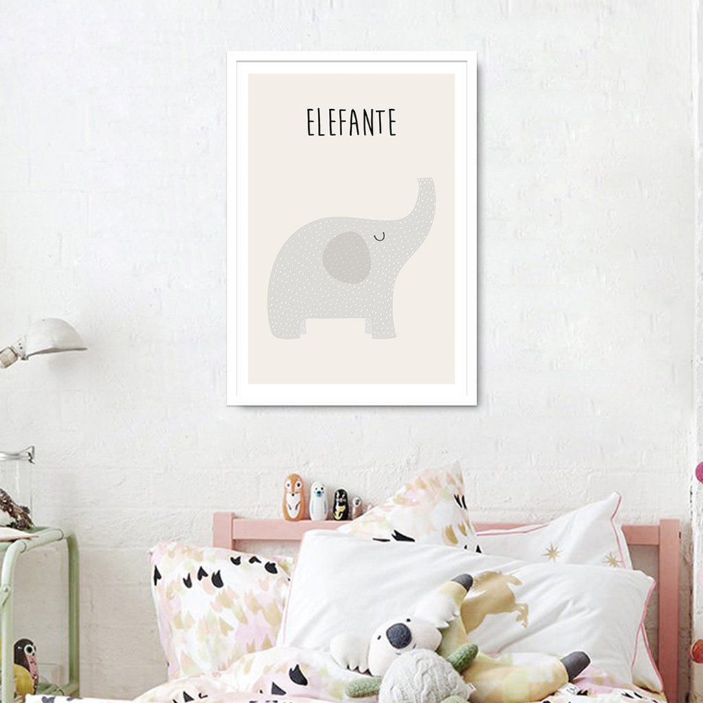 Quadro Infantil Didático Elefante 86x60 Caixa Branco