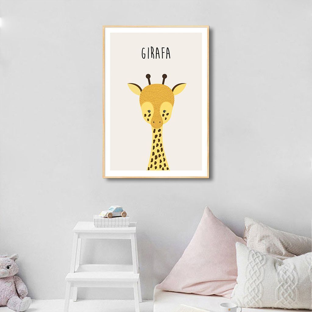 Quadro Infantil Didático Girafa 100x70 Filete Marfim