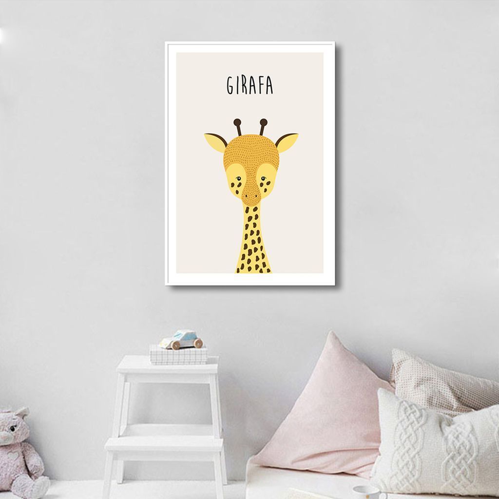 Quadro Infantil Didático Girafa 60x43 Filete Branco