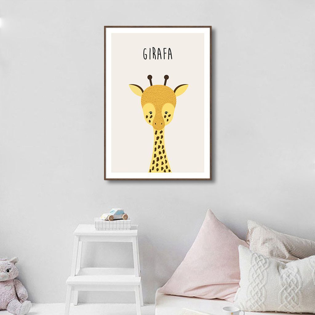 Quadro Infantil Didático Girafa 60x43 Filete Marrom