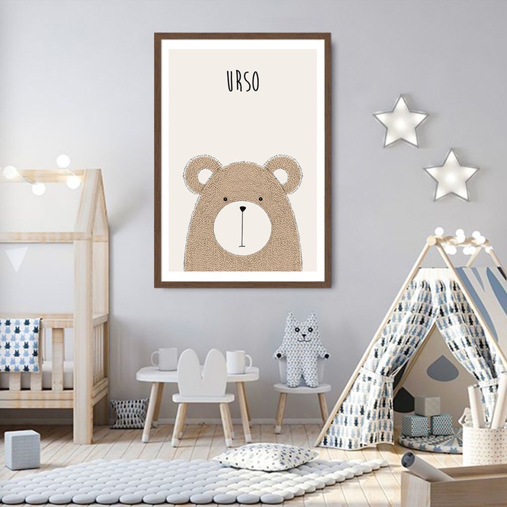 Quadro Infantil Didático Urso 60x43 Caixa Marrom