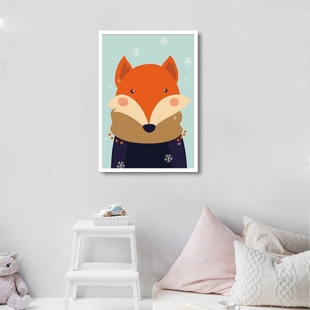 Quadro Infantil Raposa na Neve 100x70 Caixa Branco