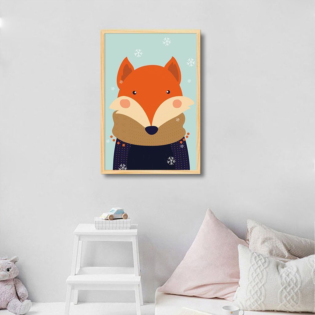 Quadro Infantil Raposa na Neve 100x70 Caixa Marfim