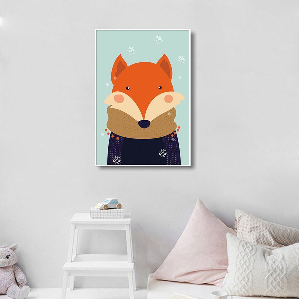Quadro Infantil Raposa na Neve 86x60 Filete Branco
