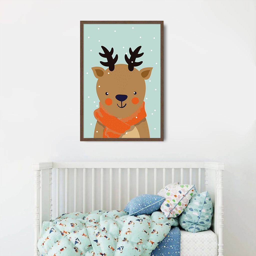 Quadro Infantil Rena na Neve 60x43 Caixa Marrom