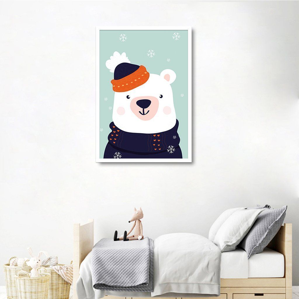 Quadro Infantil Urso na Neve 43x30 Caixa Branco