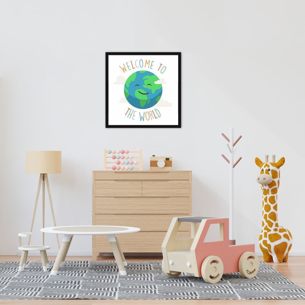 Quadro Infantil Welcome to the World 43x43 Caixa Preto