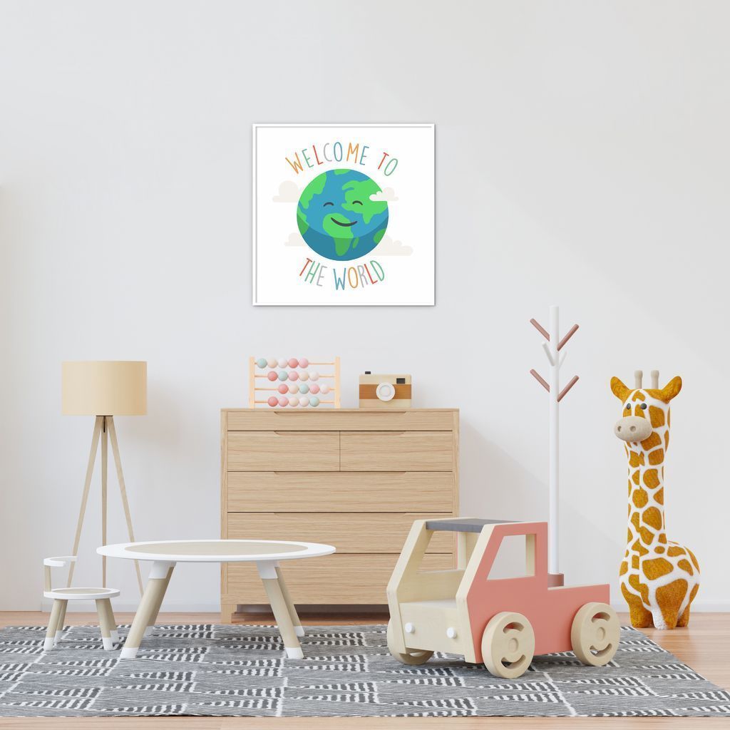 Quadro Infantil Welcome to the World 86x86 Filete Branco