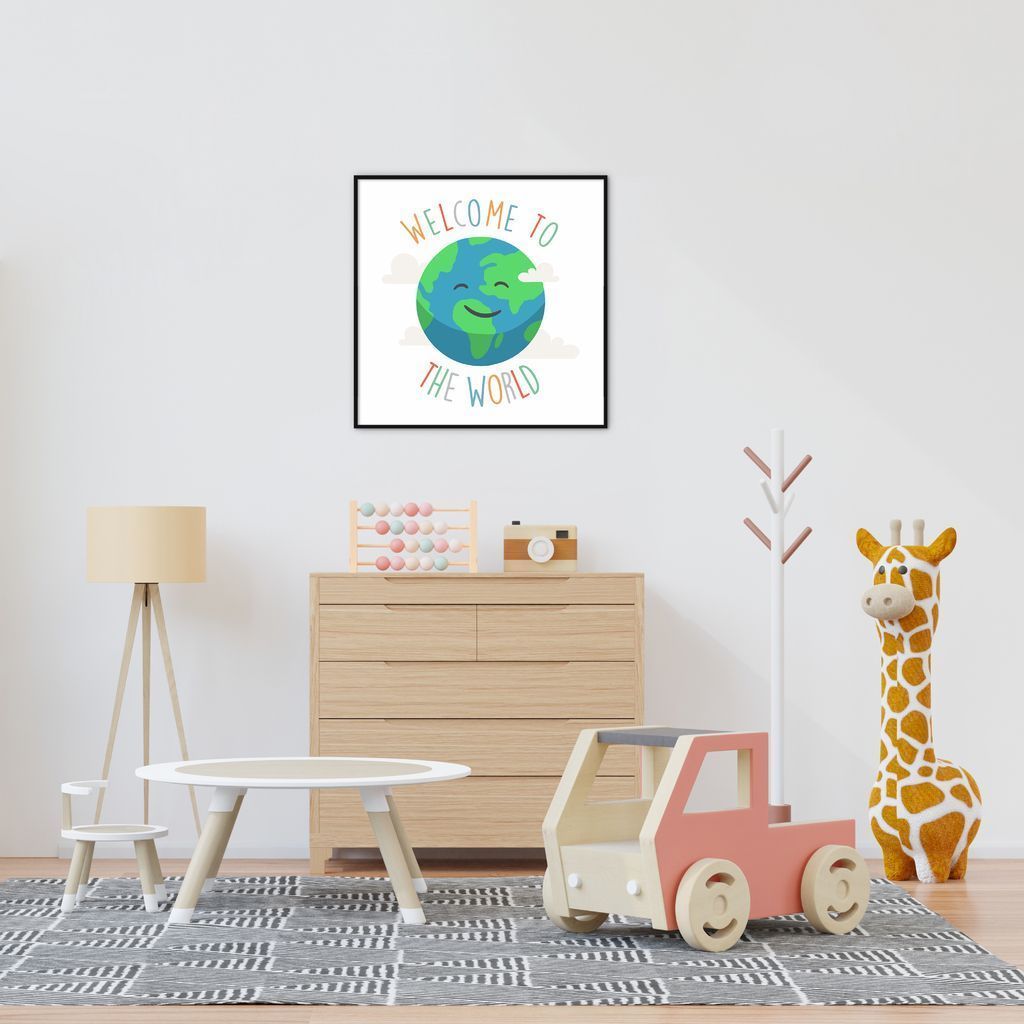 Quadro Infantil Welcome to the World 86x86 Filete Preto
