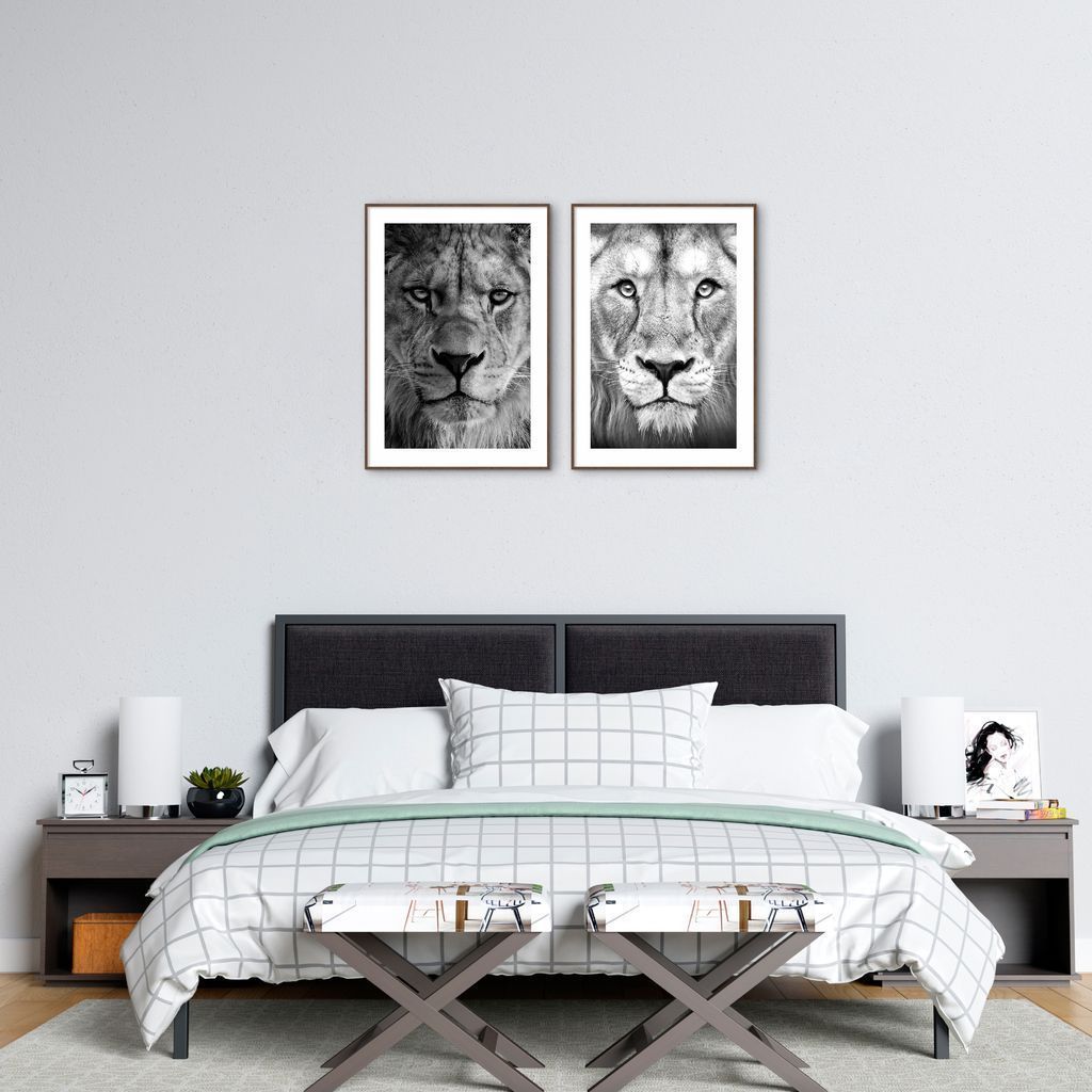 Quadro Leão e Leoa 88x60 2-60x43 Filete Marrom