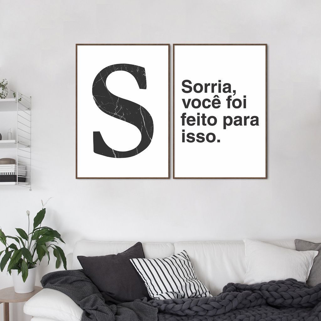 Quadro Letra S Frase Sorria 122x86 2-86x60 Filete Marrom