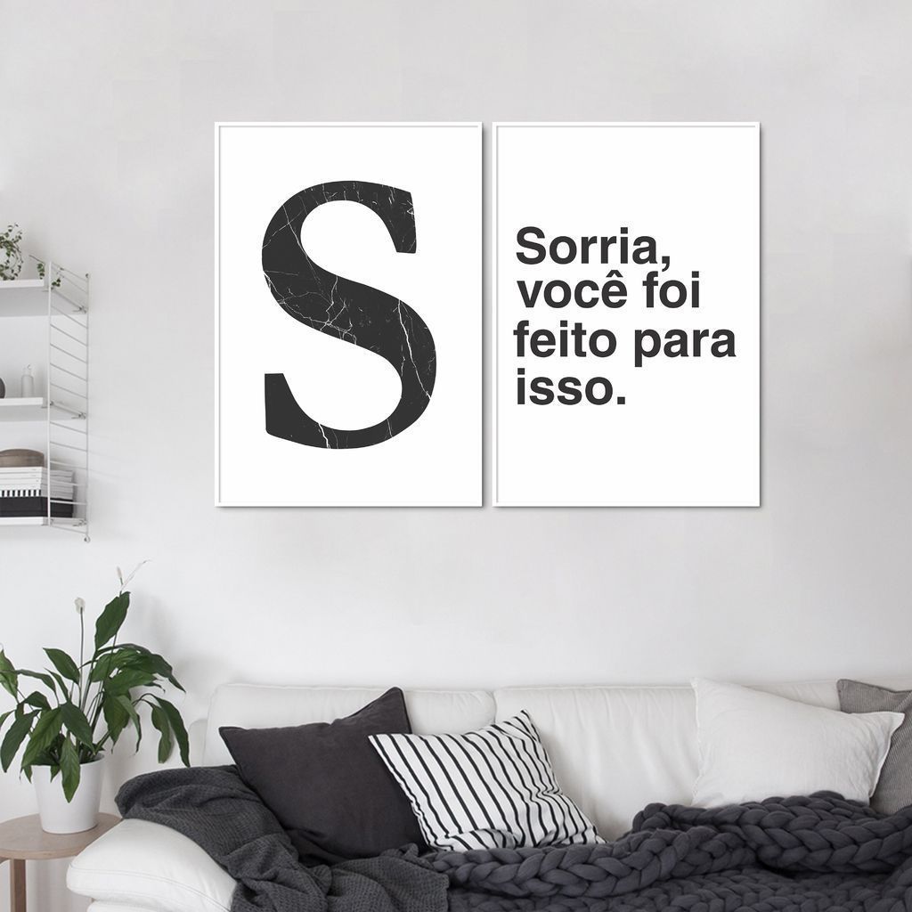 Quadro Letra S Frase Sorria 142x100 2-100x70 Filete Branco