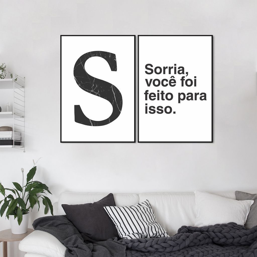 Quadro Letra S Frase Sorria 142x100 2-100x70 Filete Preto