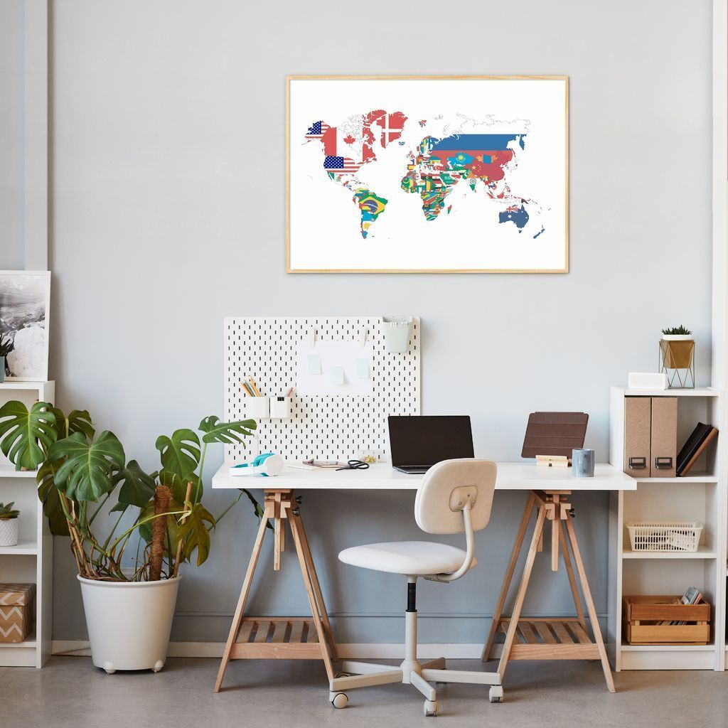 Quadro Mapa Mundi Bandeiras dos Países 86x60 Filete Marfim