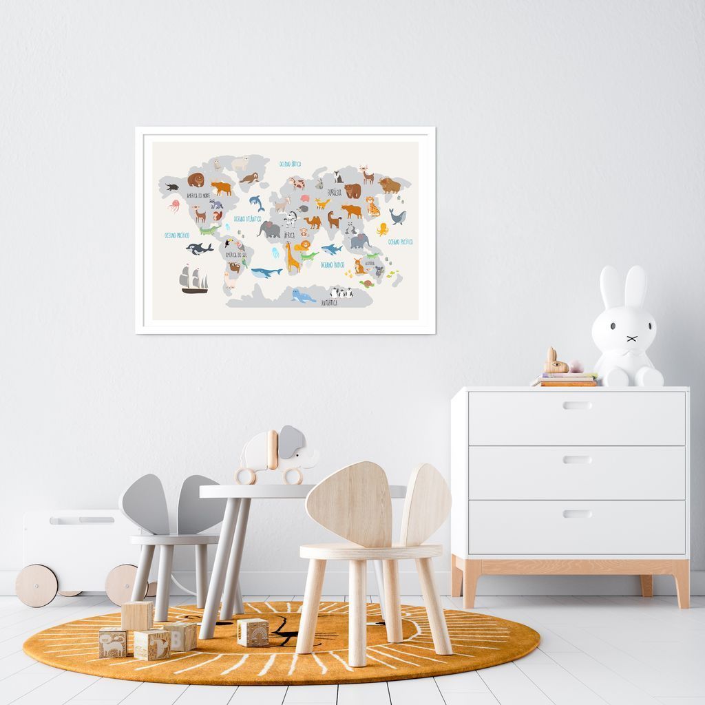Quadro Mapa Mundi Infantil Animais 100x70 Caixa Branco