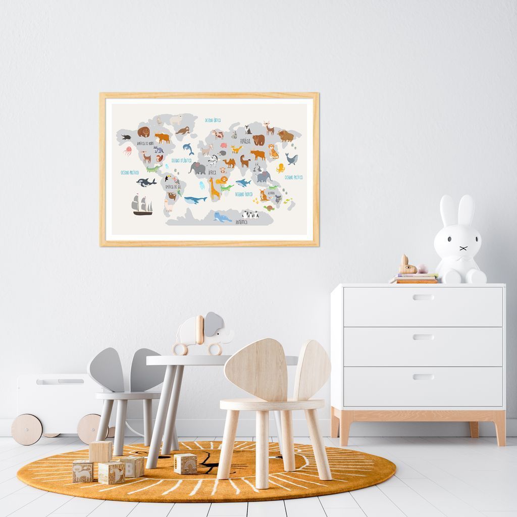 Quadro Mapa Mundi Infantil Animais 100x70 Caixa Marfim
