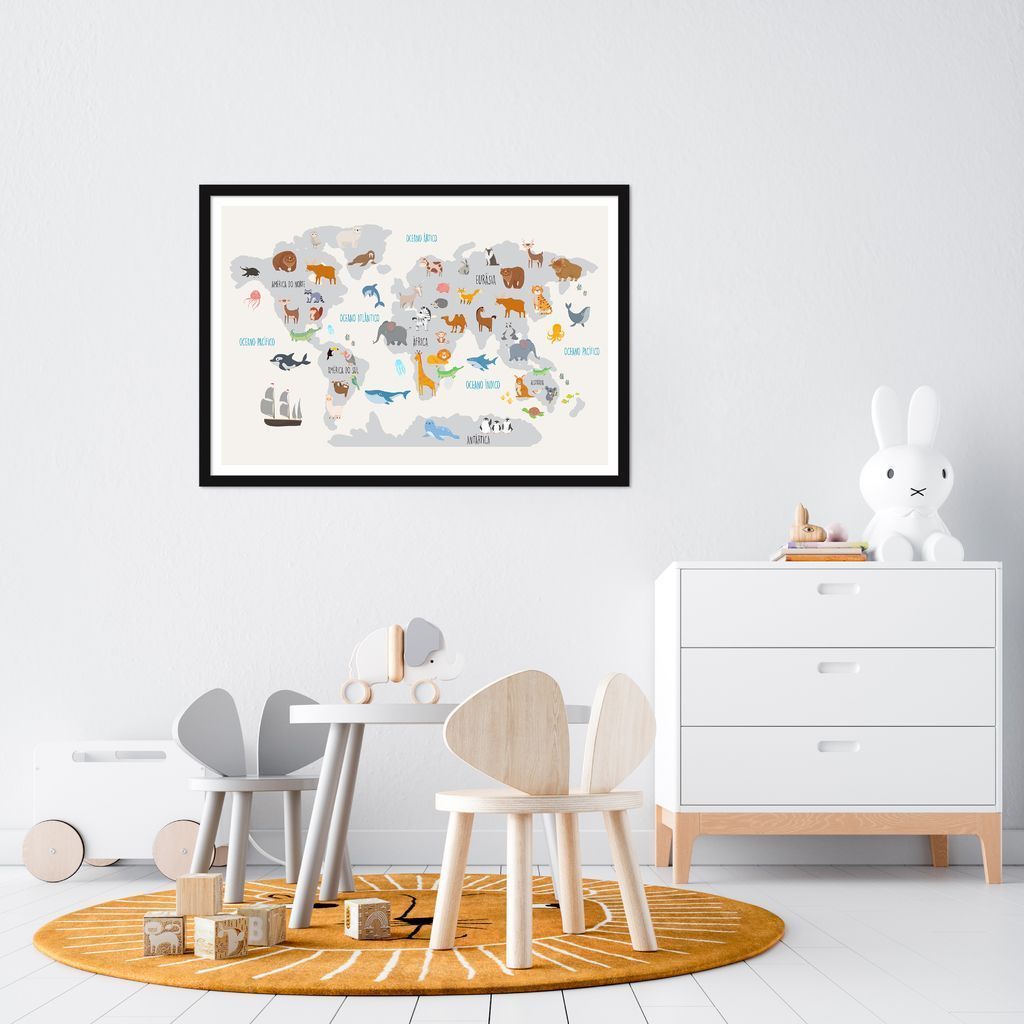 Quadro Mapa Mundi Infantil Animais 100x70 Caixa Preto