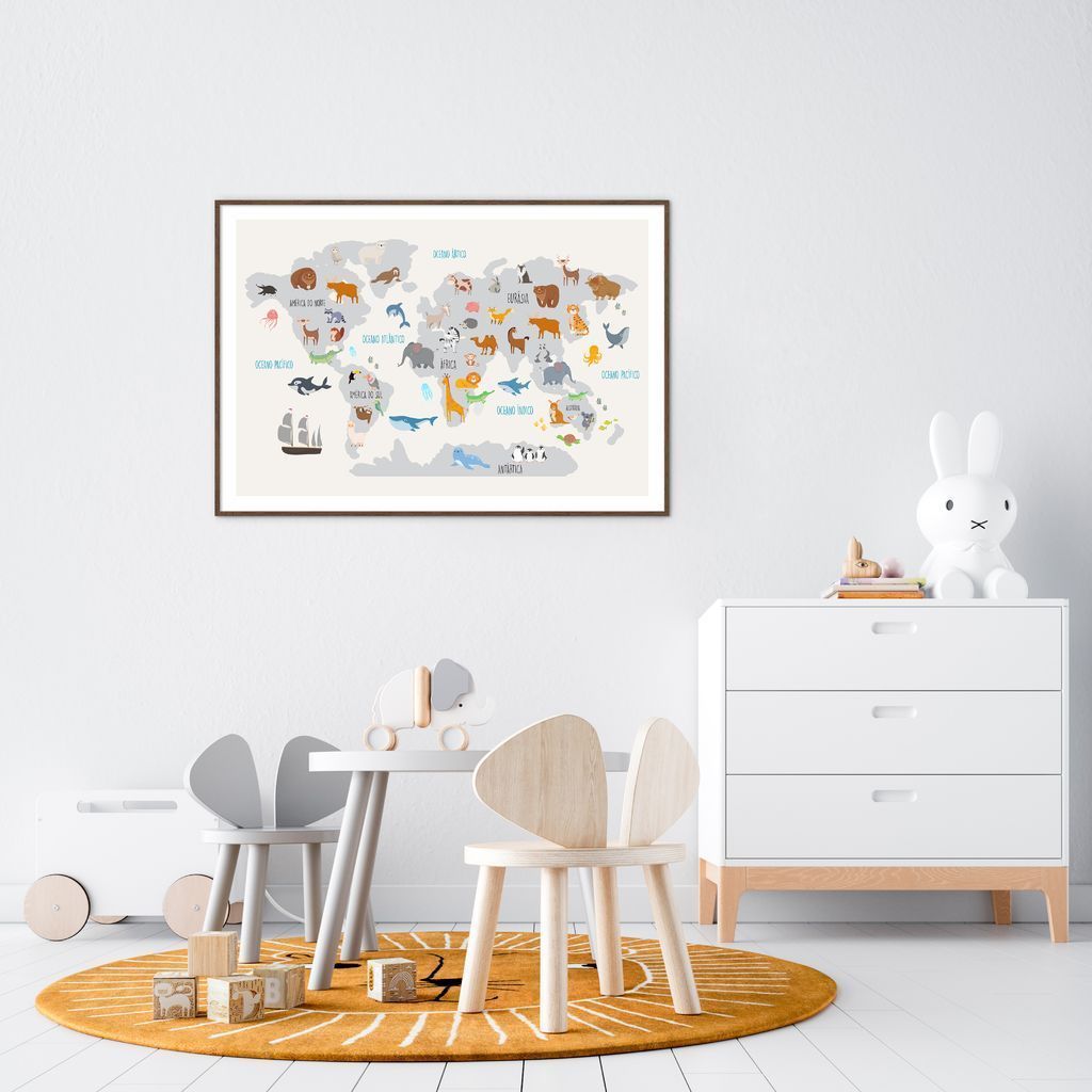 Quadro Mapa Mundi Infantil Animais 100x70 Filete Marrom