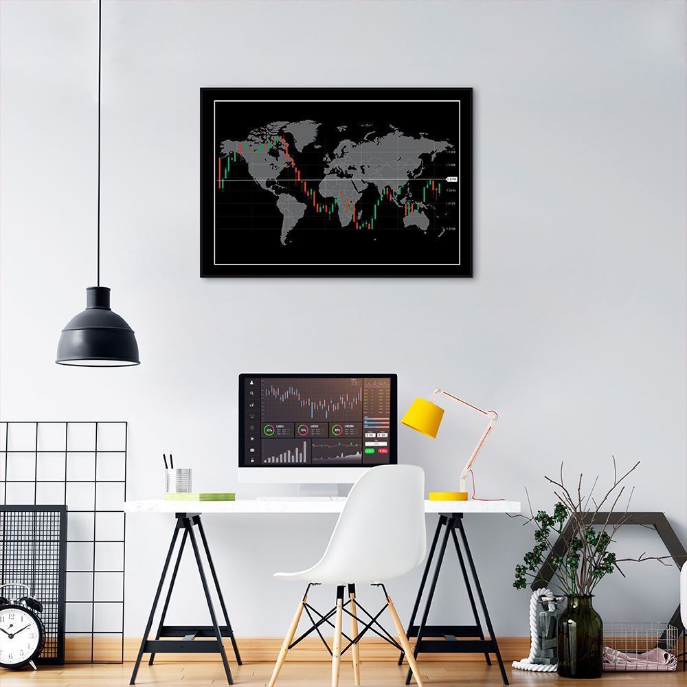 Quadro Mapa Mundi do Investidor 100x70 Filete Preto