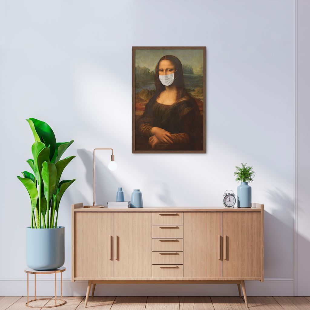 Quadro Mona Lisa de Máscara Pandemia 100x70 Caixa Marrom