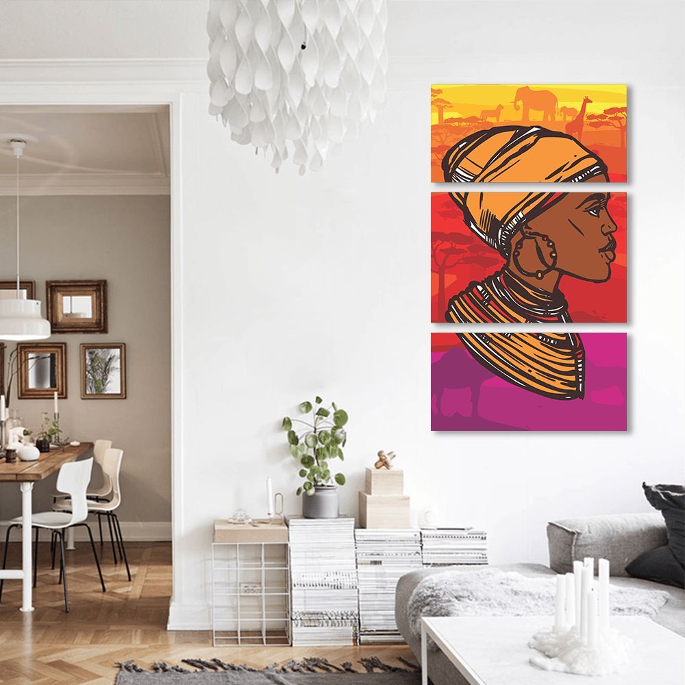 Quadro Mosaico Decorativo Mulher Africana 3 Telas 159x90