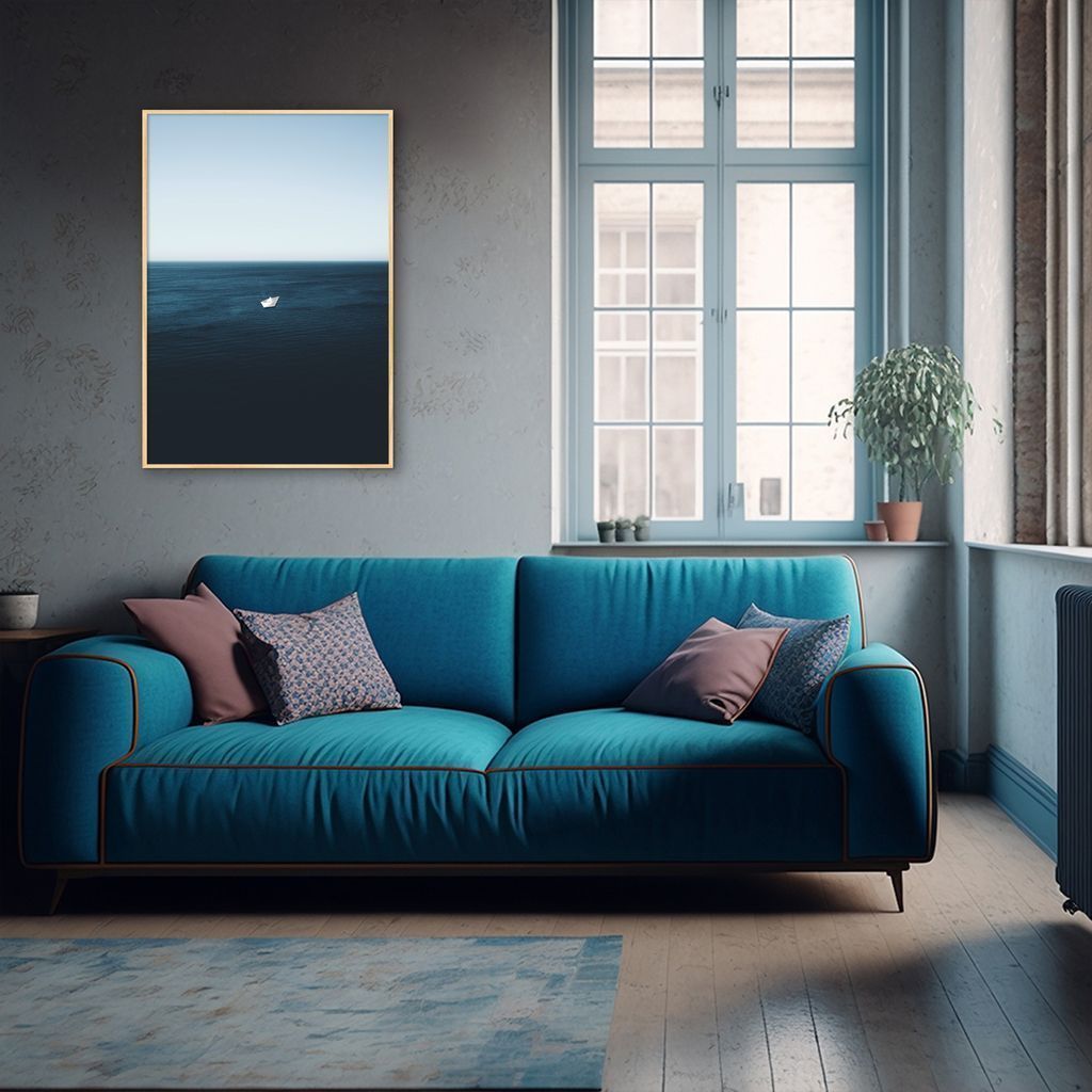Quadro Oceano Barco em Origami 60x43 Filete Marfim