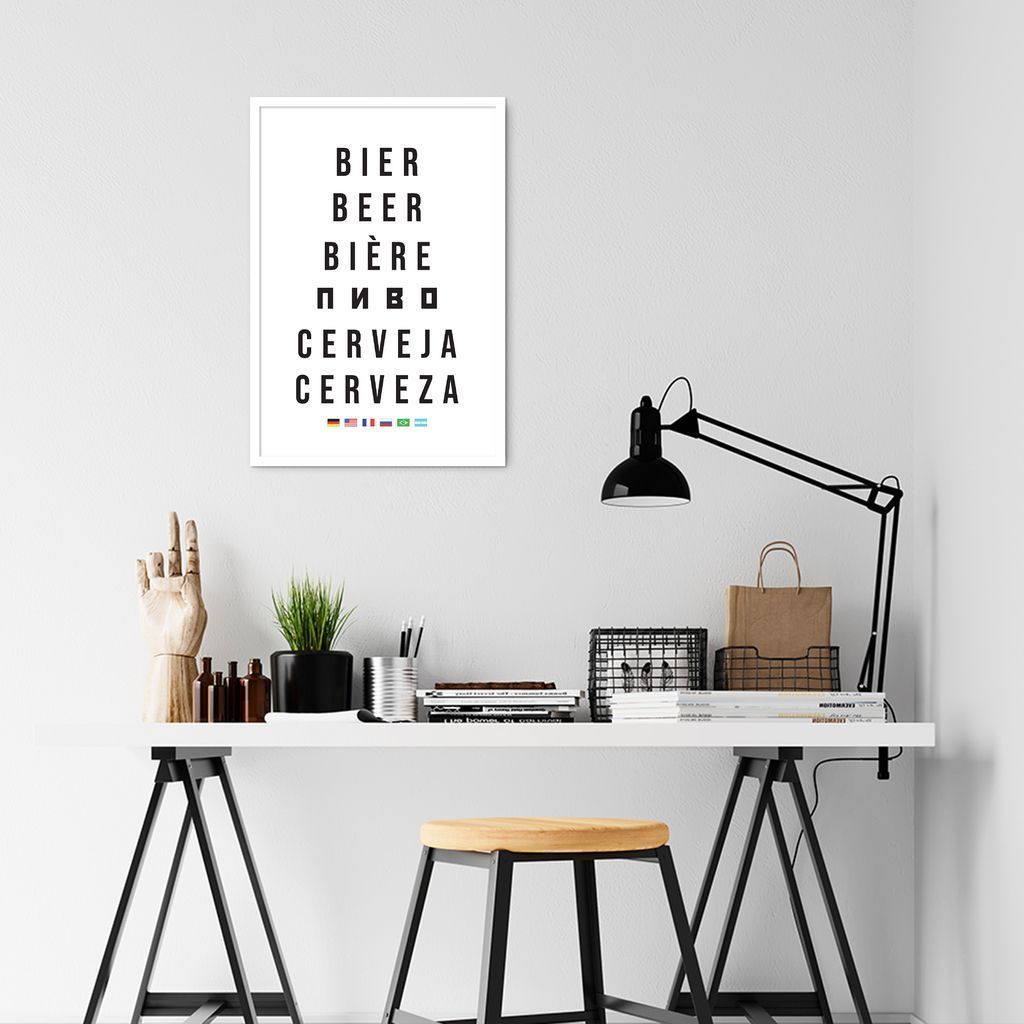 Quadro Palavra Cerveja Idiomas 100x70 Caixa Branco