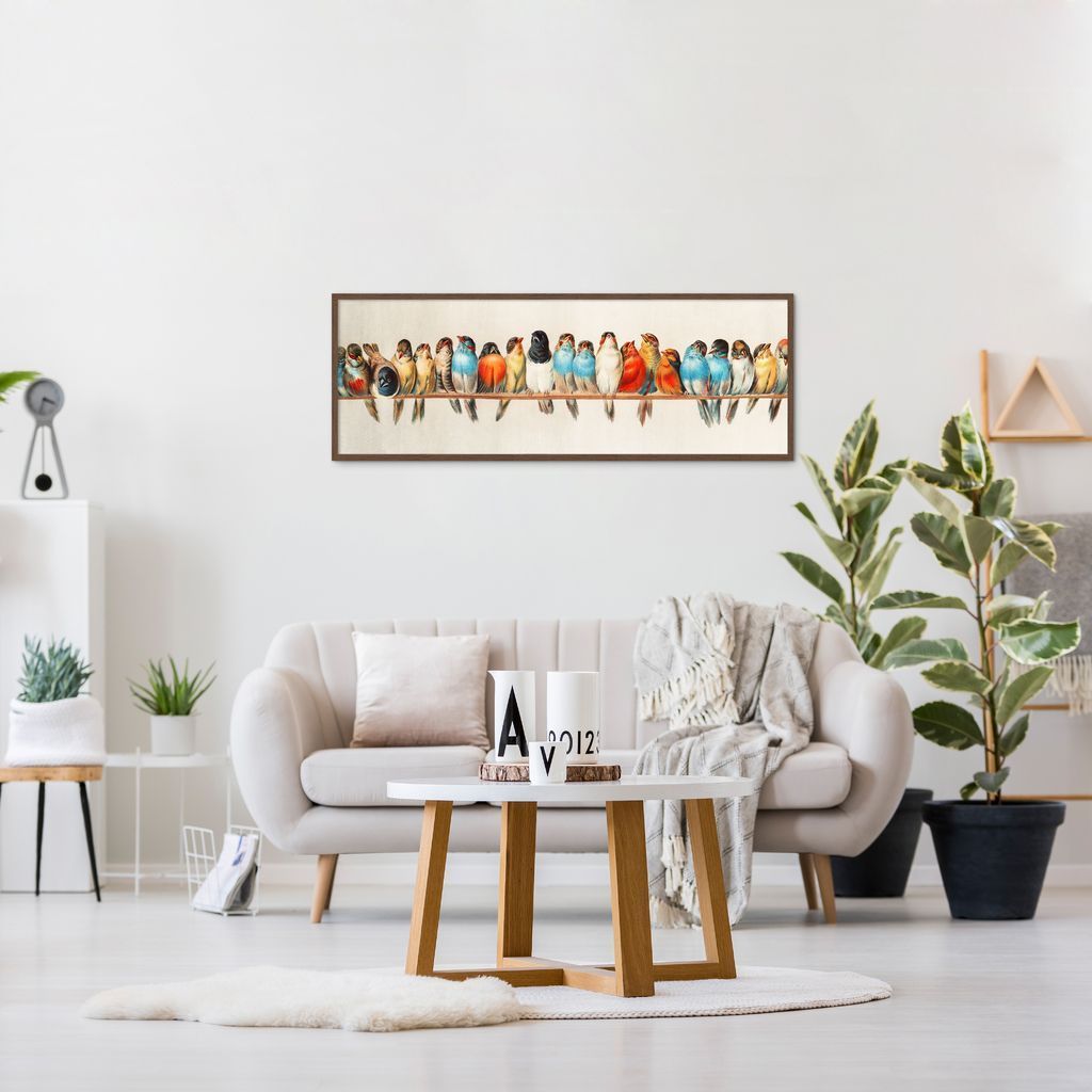Quadro Passarinhos Coloridos Galho 100x36 Caixa Marrom