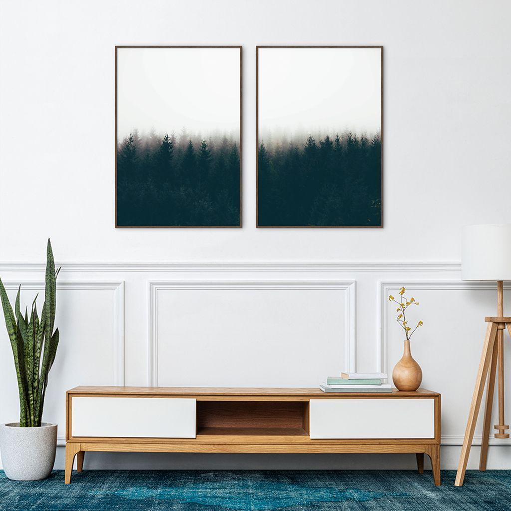 Quadro Pinheiros Neblina França 122x86 2-86x60 Filete Marrom
