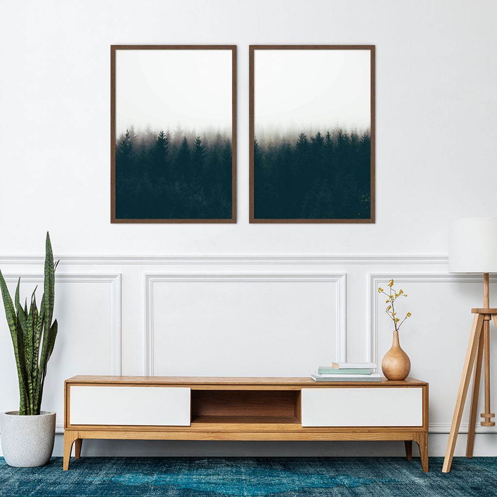 Quadro Pinheiros Neblina França 88x60 2-60x43 Caixa Marrom