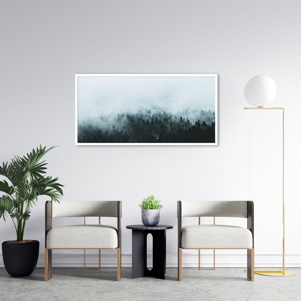 Quadro Pinheiros com névoa Grécia 100x50 Caixa Branco