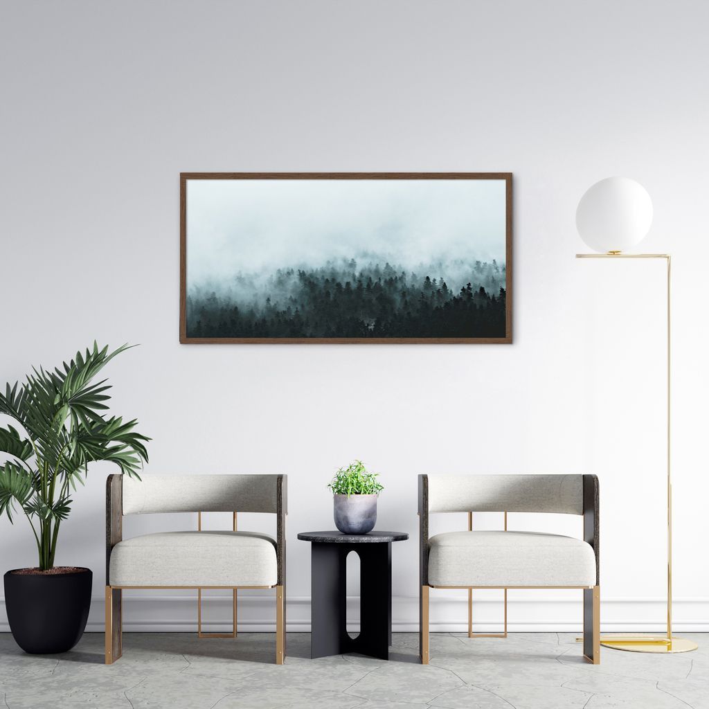 Quadro Pinheiros com névoa Grécia 86x43 Caixa Marrom