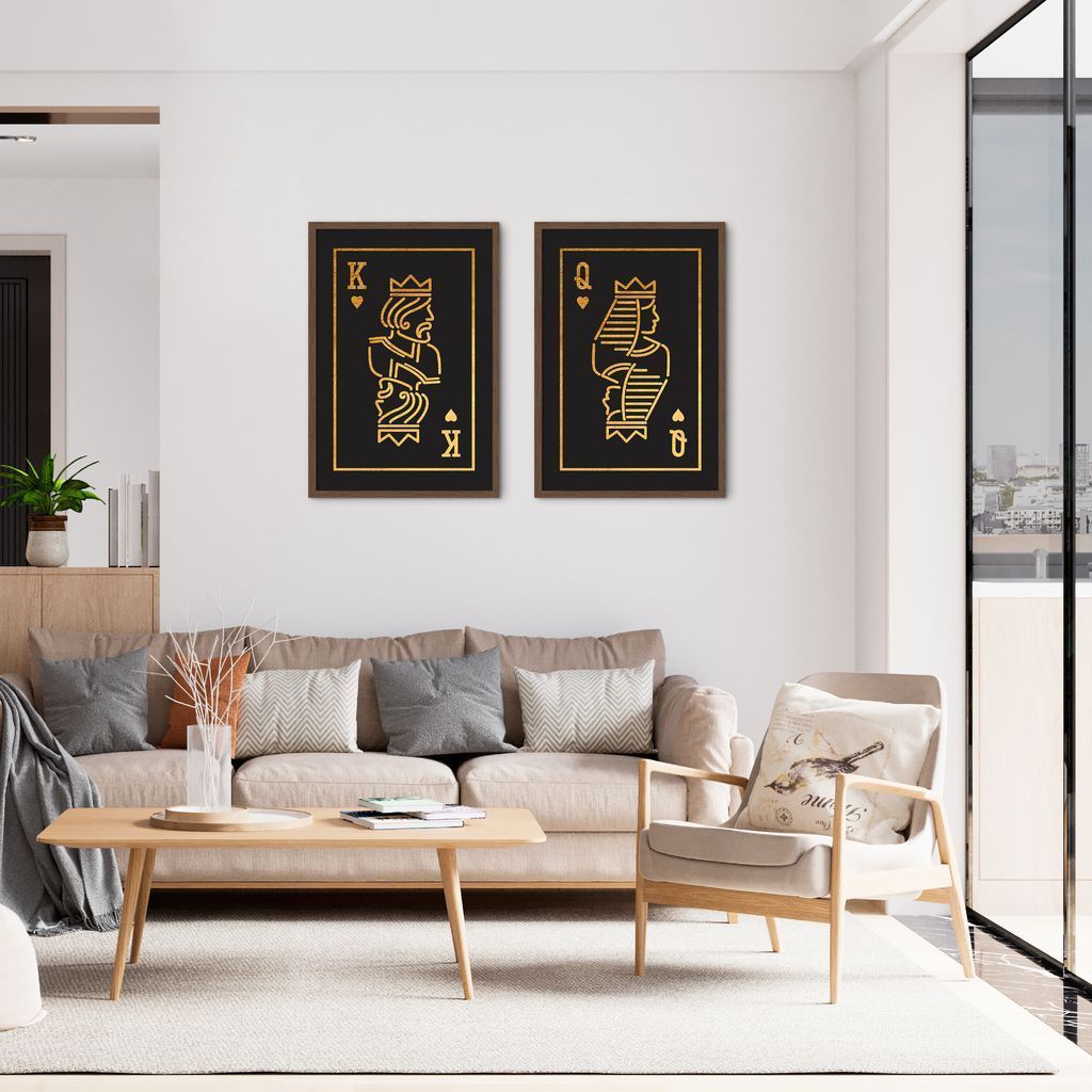 Quadro Rei e Rainha Carta Gold 62x43 2-43x30 Caixa Marrom