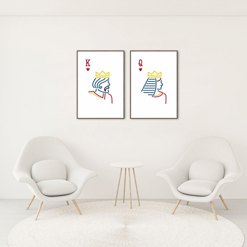 Quadro Rei e Rainha Carta Minimalista 62x43 2-43x30 Filete Marrom