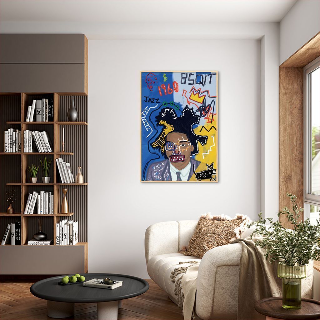 Quadro Releitura Basquiat Portrait 43x30 Filete Branco
