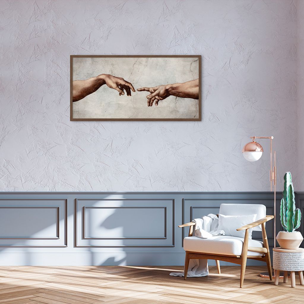Quadro Releitura a Criação de Adão 86x43 Caixa Marrom