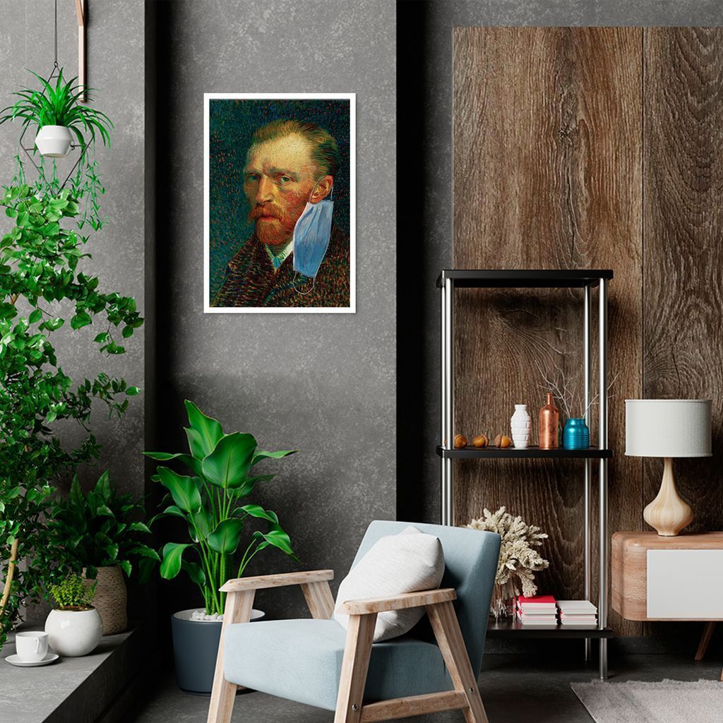 Quadro Van Gogh de Máscara Pandemia 100x70 Caixa Branco