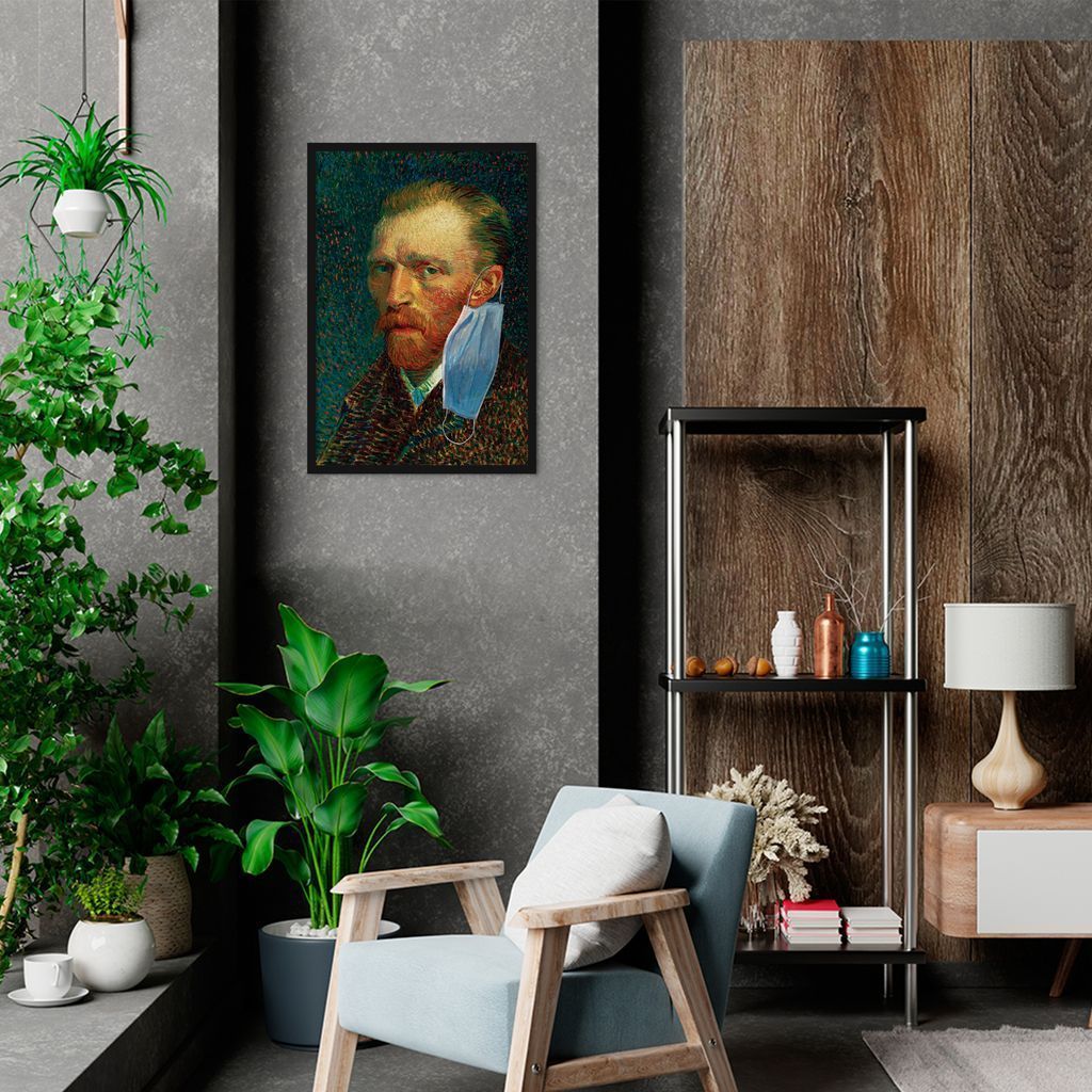 Quadro Van Gogh de Máscara Pandemia 100x70 Caixa Preto