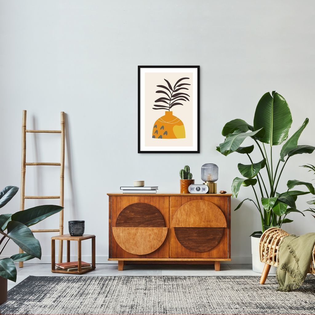 Quadro Vaso Boho Laranja 86x60 Caixa Preto