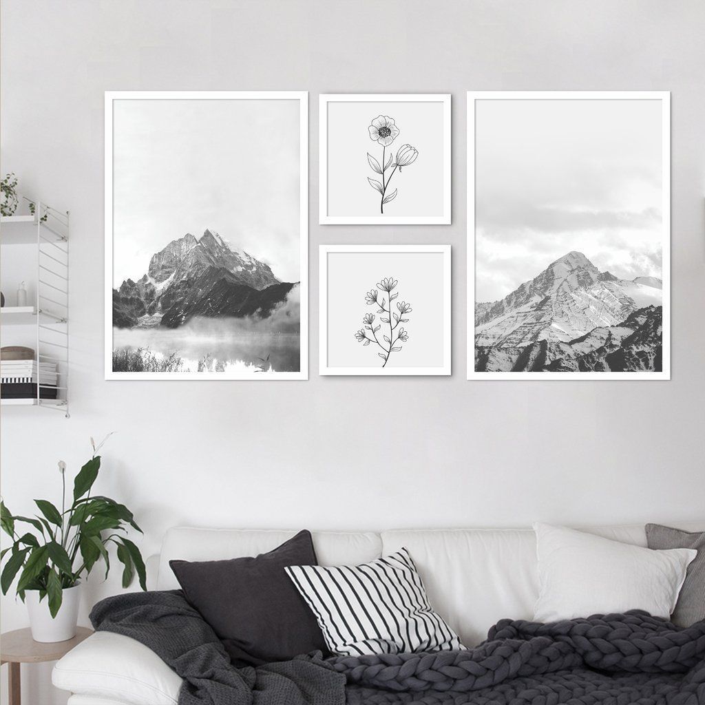 Quadros Decorativos  Montanhas e Plantas 122 x 61 2-60x43 + 2-29x29 Caixa Branco