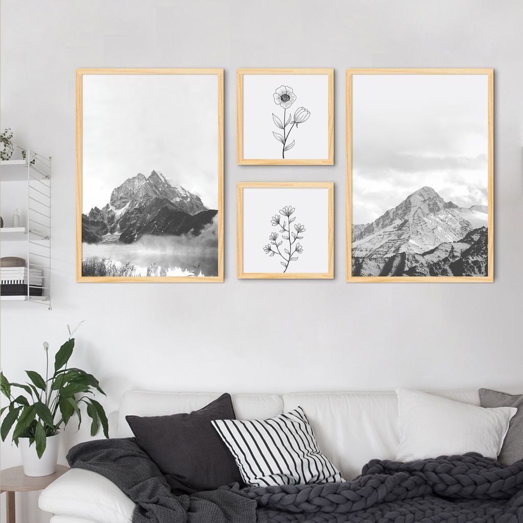 Quadros Decorativos  Montanhas e Plantas 171 x 86 2-86x60+2-39x39 Caixa Marfim
