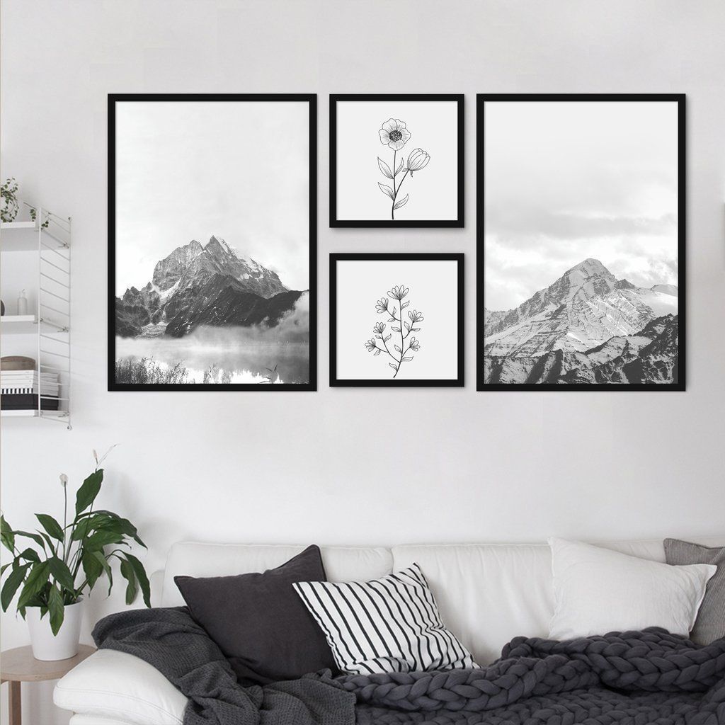 Quadros Decorativos  Montanhas e Plantas 171 x 86 2-86x60+2-39x39 Caixa Preto