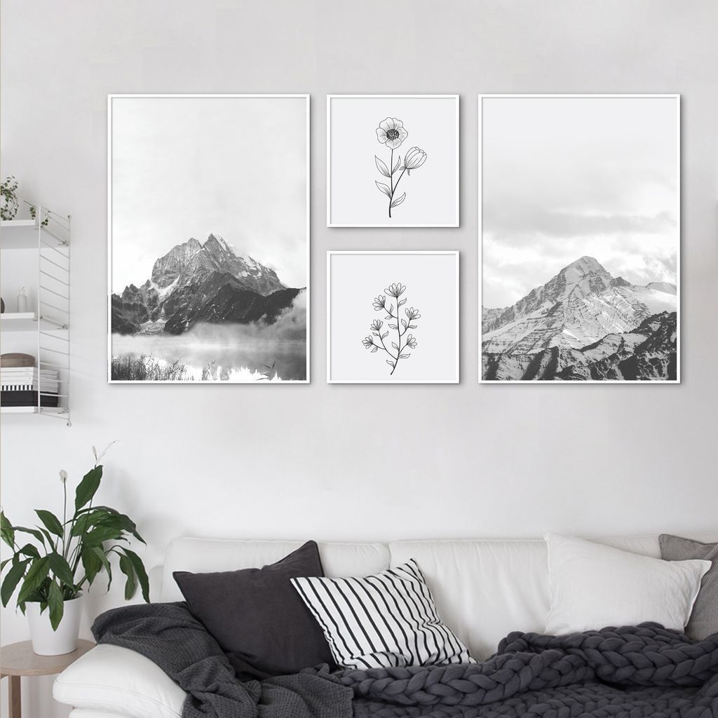Quadros Decorativos  Montanhas e Plantas 171 x 86 2-86x60+2-39x39 Filete Branco