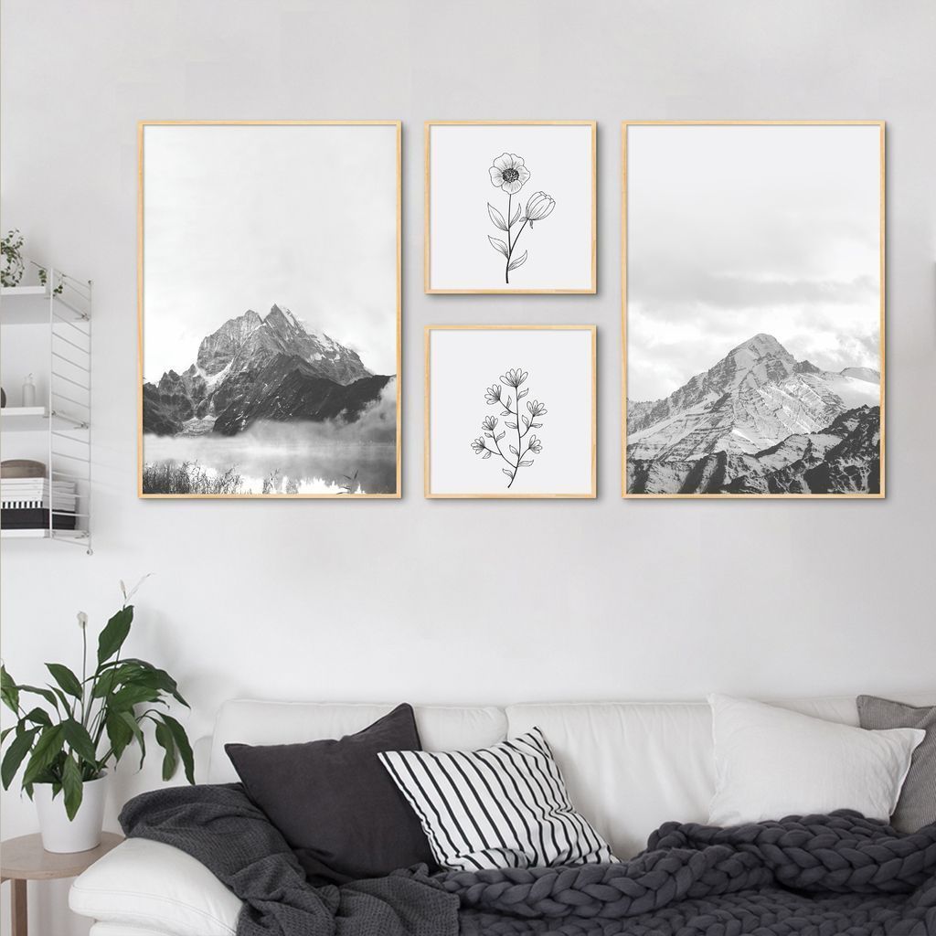 Quadros Decorativos  Montanhas e Plantas 171 x 86 2-86x60+2-39x39 Filete Marfim