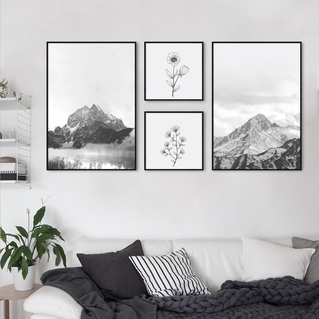 Quadros Decorativos  Montanhas e Plantas 171 x 86 2-86x60+2-39x39 Filete Preto