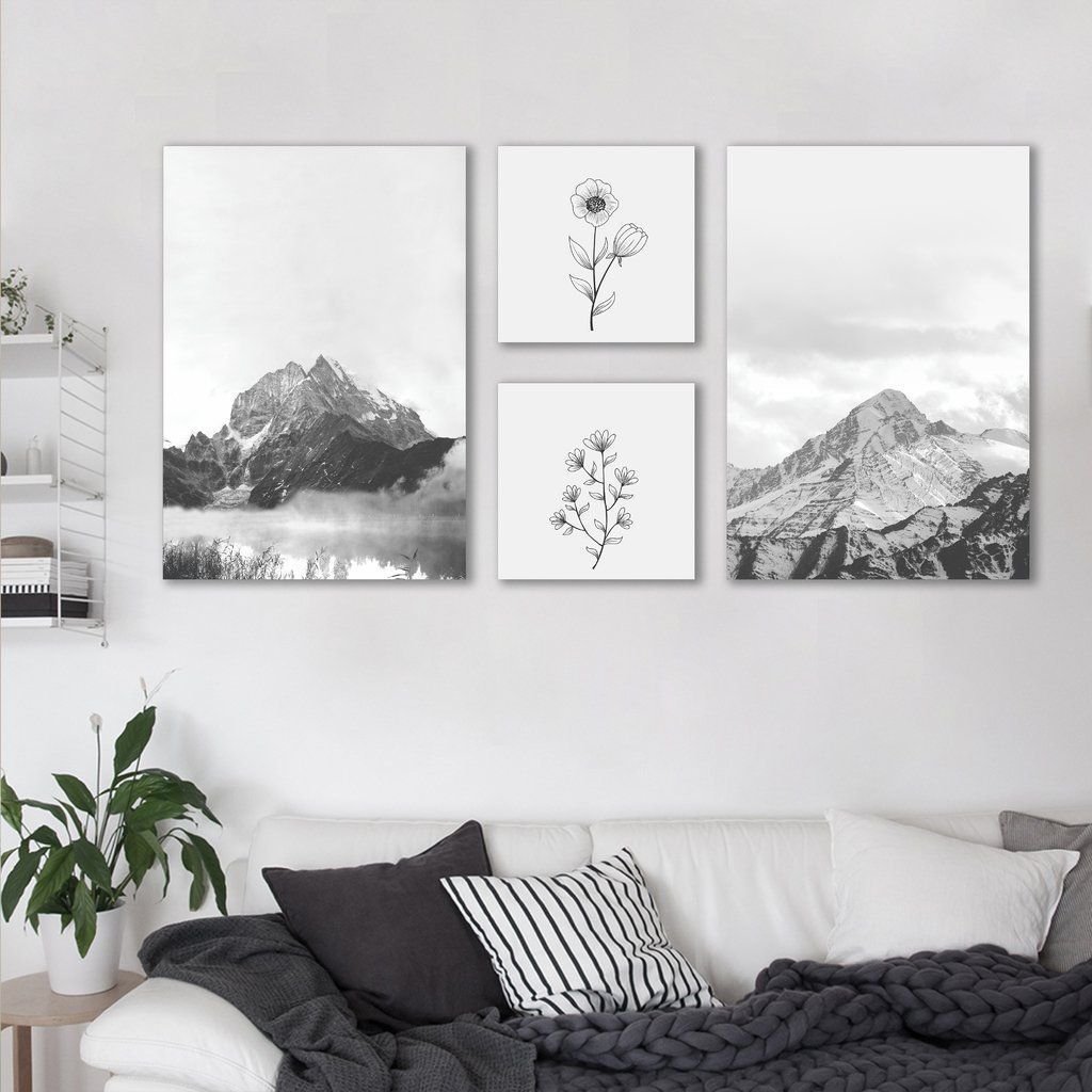 Quadros Decorativos  Montanhas e Plantas 171 x 86 2-86x60+2-39x39 Sem Moldura