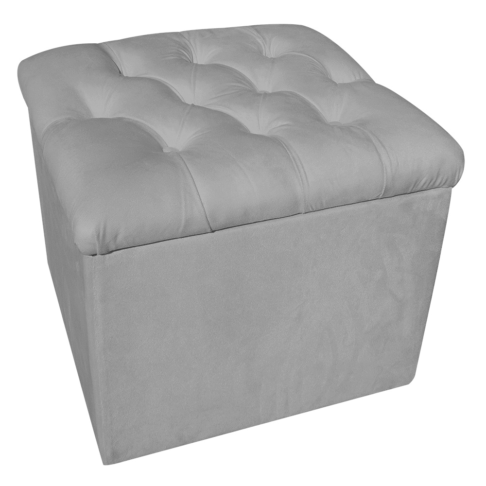 Puff Baú Capitonê Quadrado Suede Cinza - D'Rossi